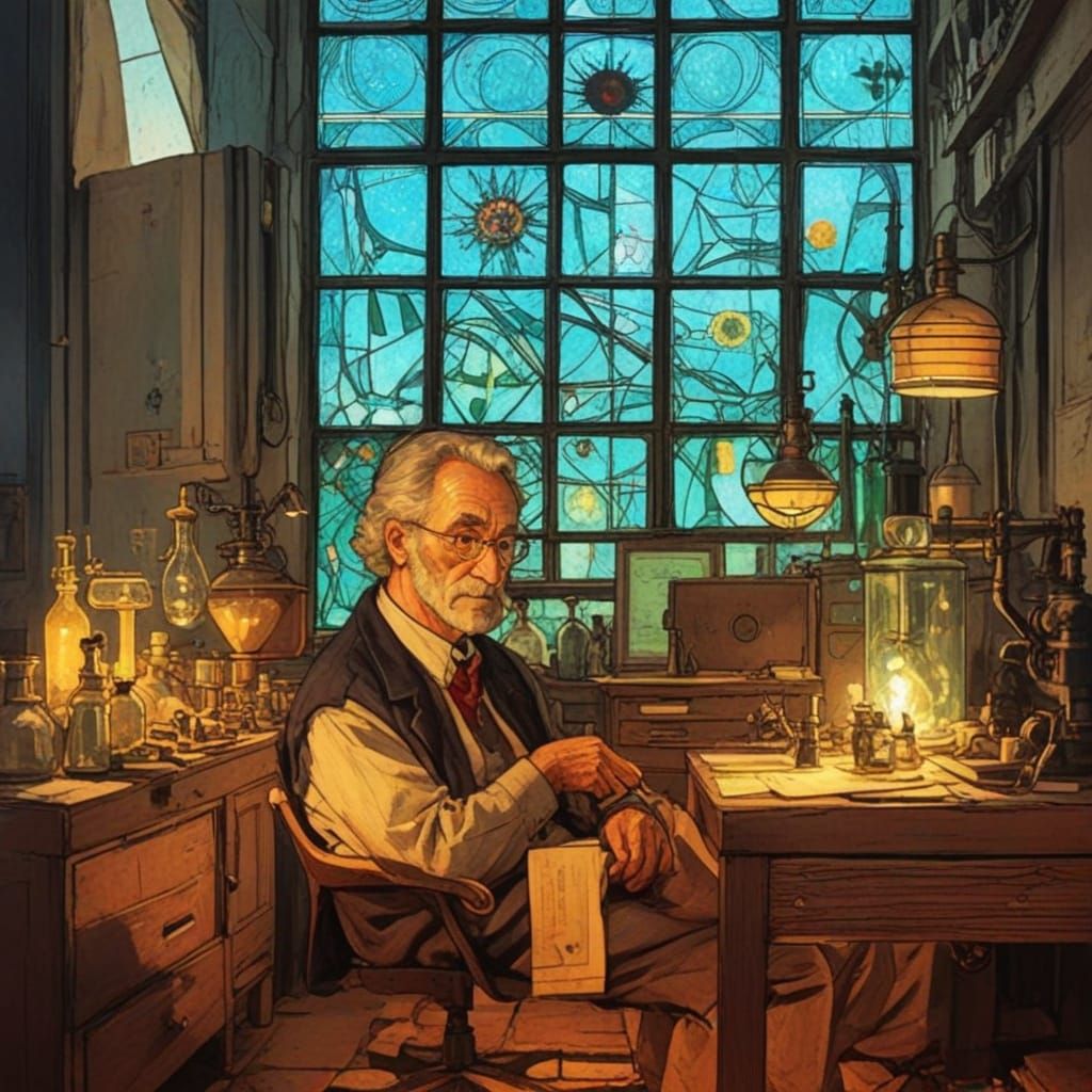 Belle's father in his lab inventing world peace