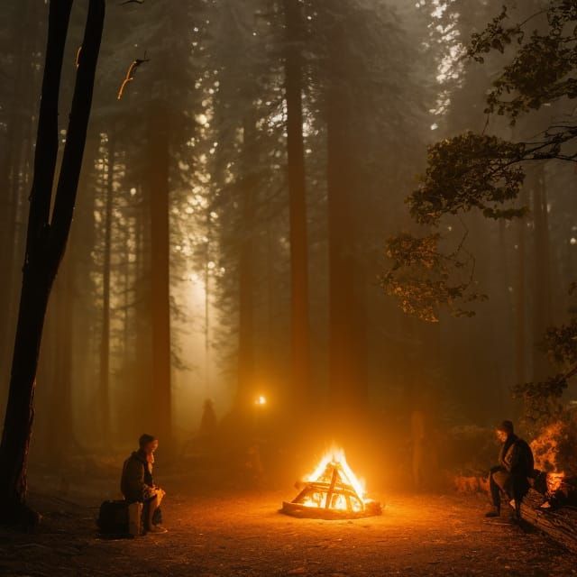 Cosy Campfire in Dark Forest with Glowing Eyes