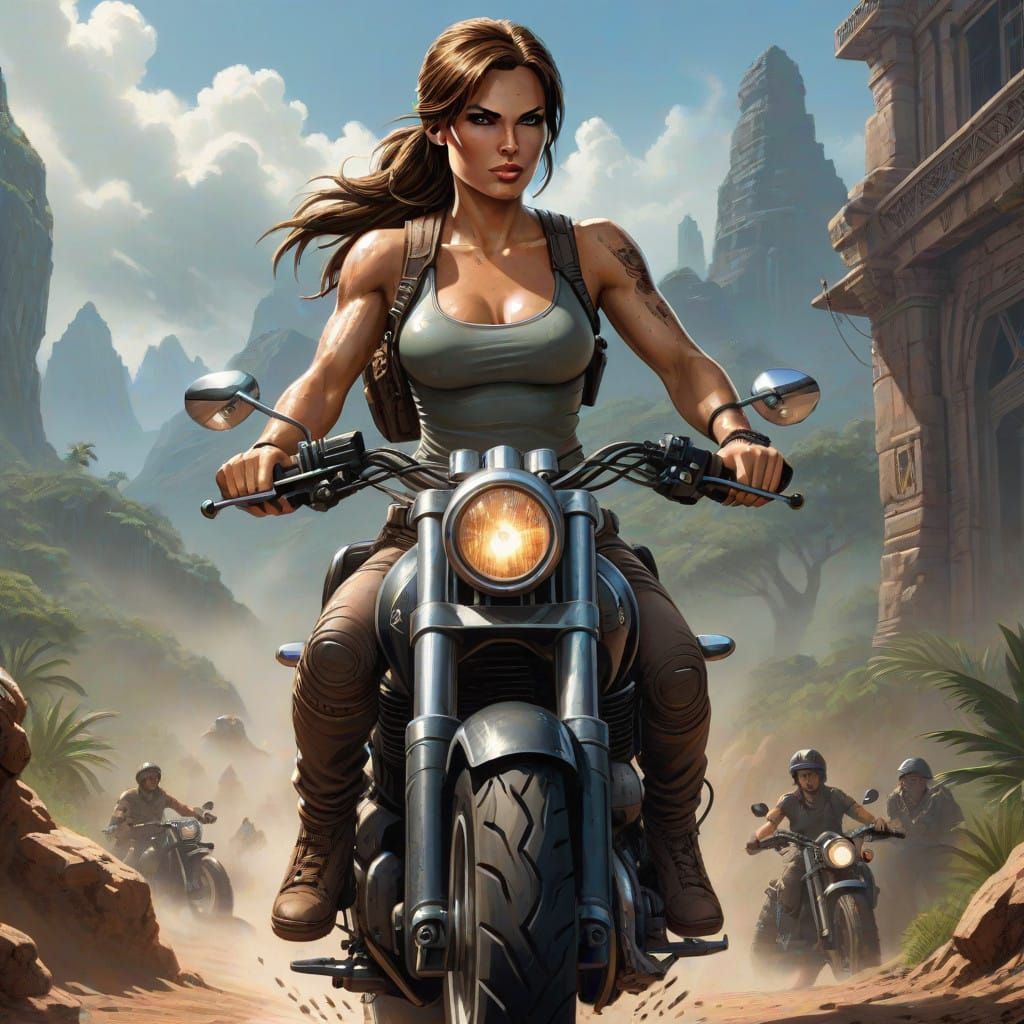 Gritty Lara Croft Rides a High-Tech Motorbike in Hyperrealis...