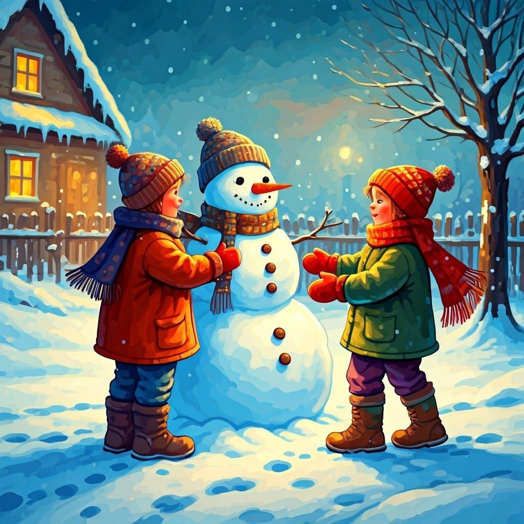 Whimsical Winter Scene: Children Build Snowmen with Joyful R...