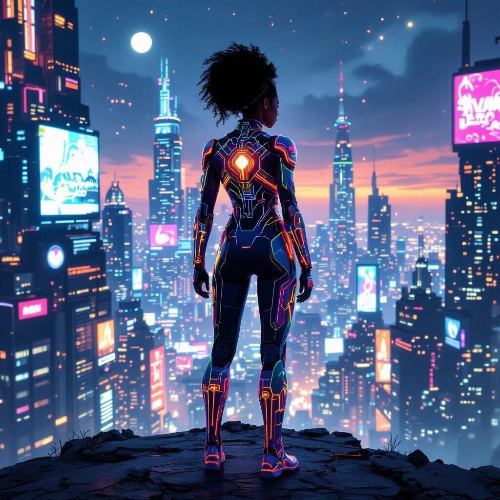 Afrofuturist Woman in Cyberpunk Cityscape