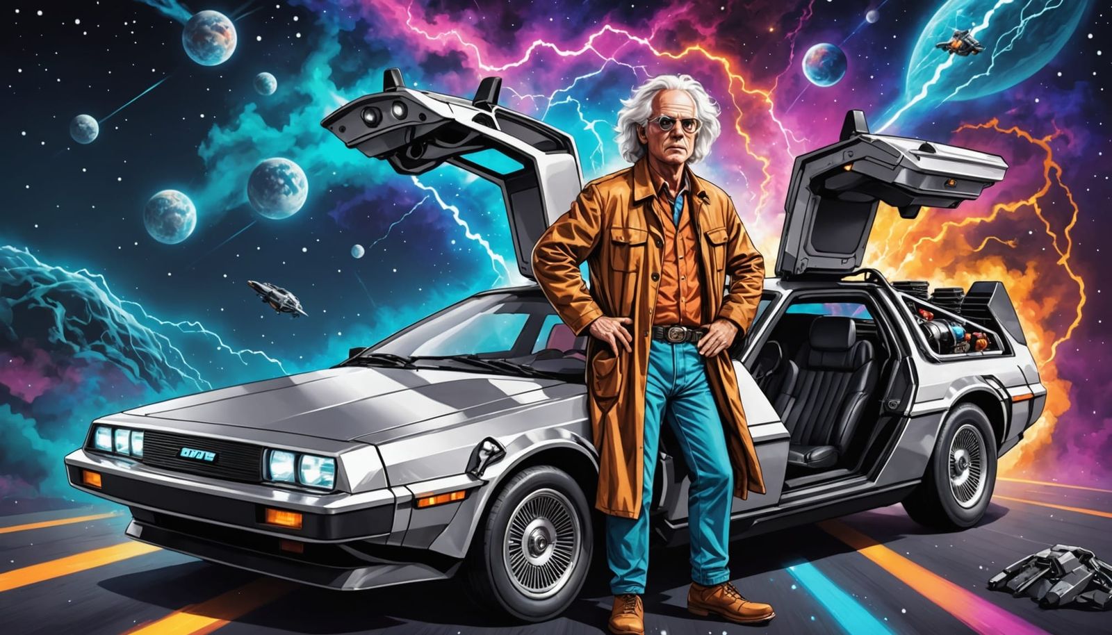 Doc Brown and DeLorean in Astral Cosmic Art