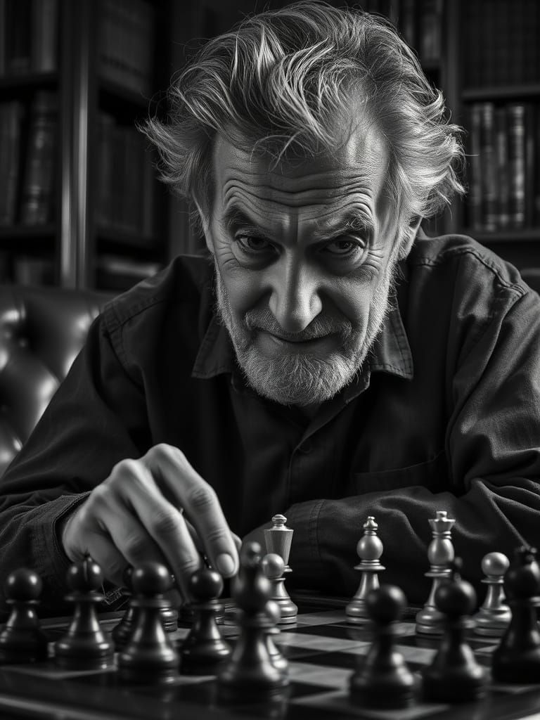 Sage Old Man Intently Studies Chessboard in a Smoky Study