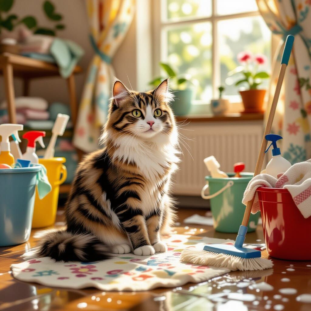Cat Amidst Cleaning Supplies, Potteresque Style