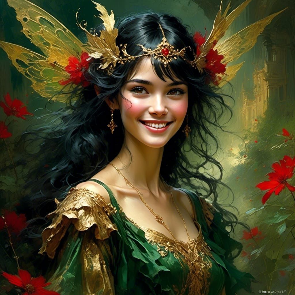 Smiling Fairy in Rococo Style with Red Wings