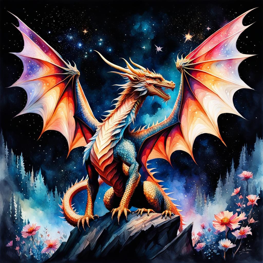 Fantasy Dragon in Watercolor Fairytale Style