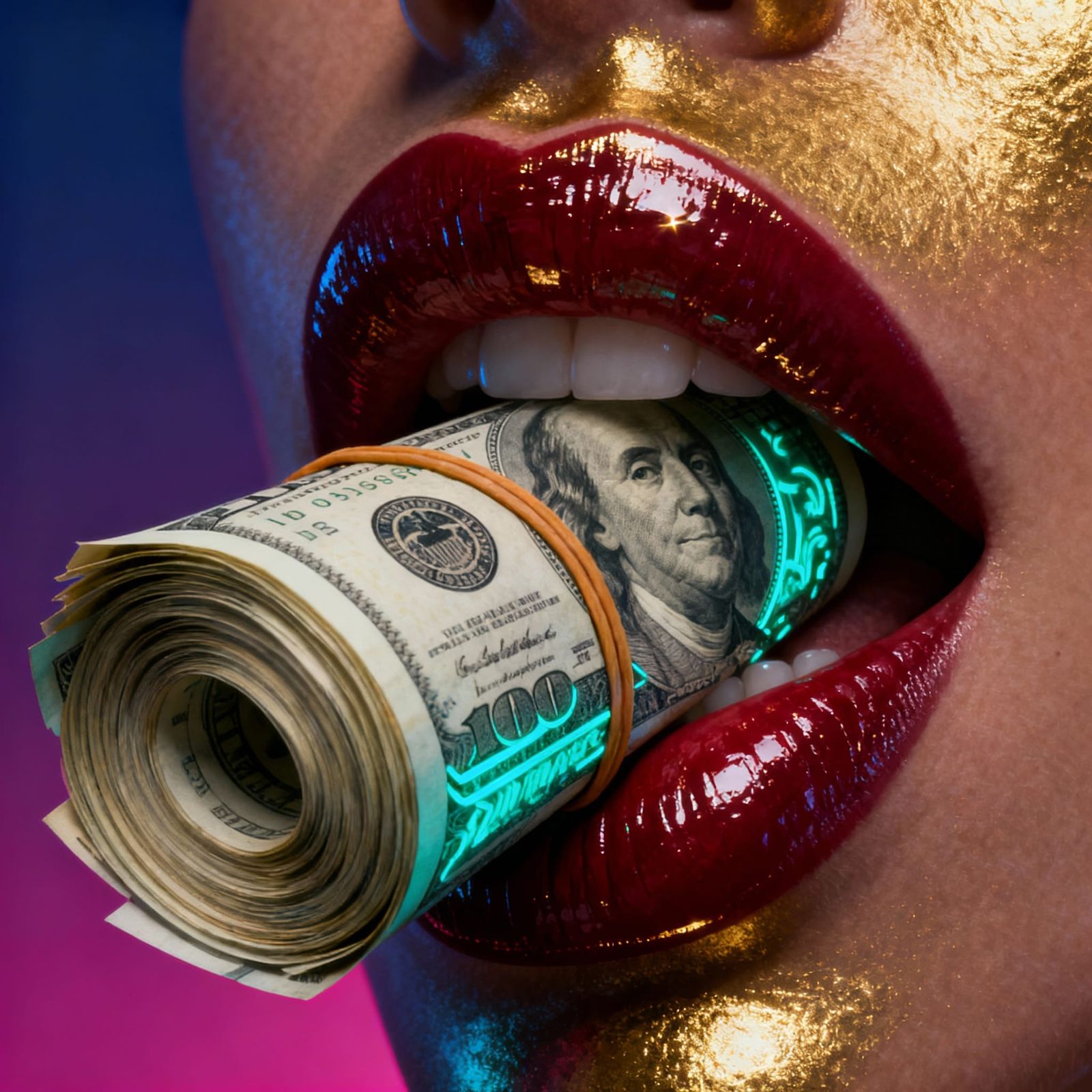 Sensual Red Lips Biting Money with Gold & Teal Accents
