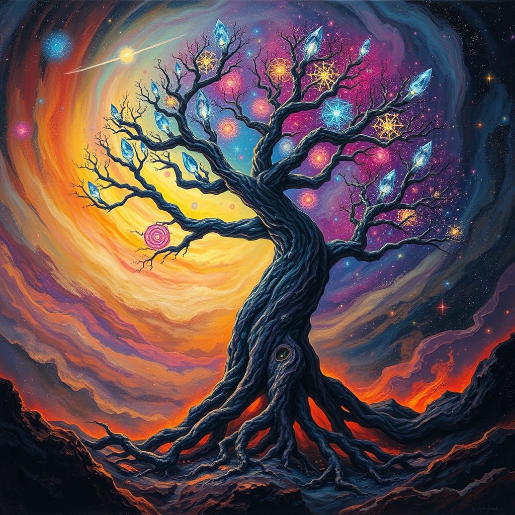 Cosmic Tree with Chakra Crystals in Galaxy Vortex