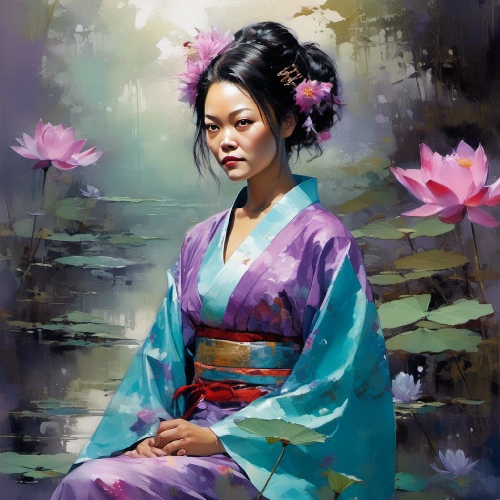 Geisha in Lilac Kimono with Lotus Pond