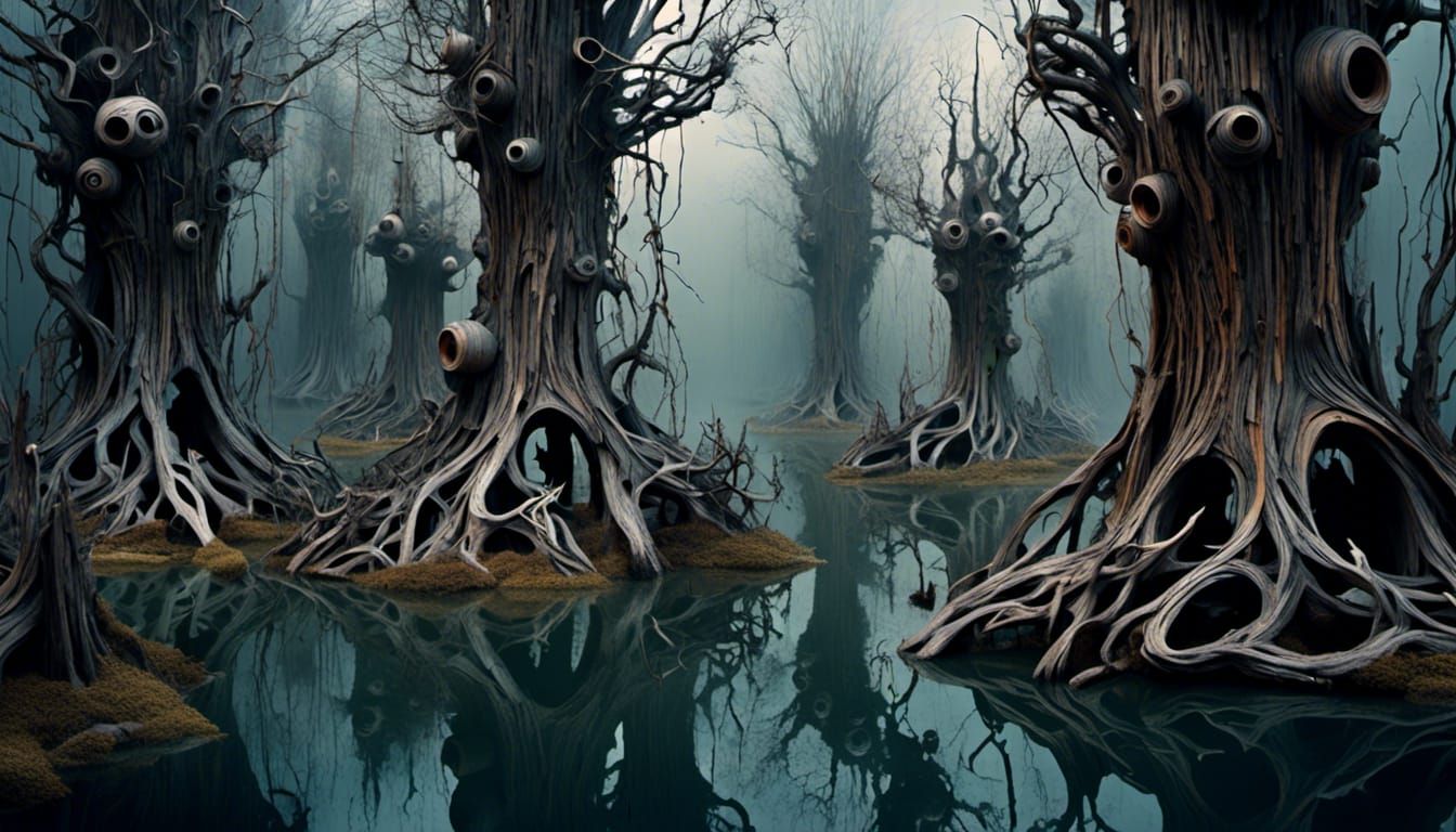 Surreal Tree Beings Guarding Mystical Swamp
