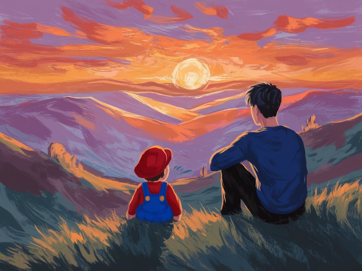 Man and Mario Reflecting on Sunset Landscape
