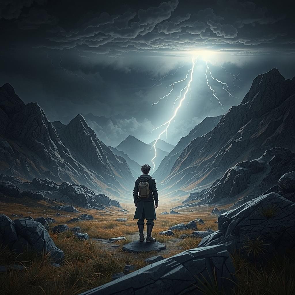 Mystical Mountainscape with Lightning in Origami Style