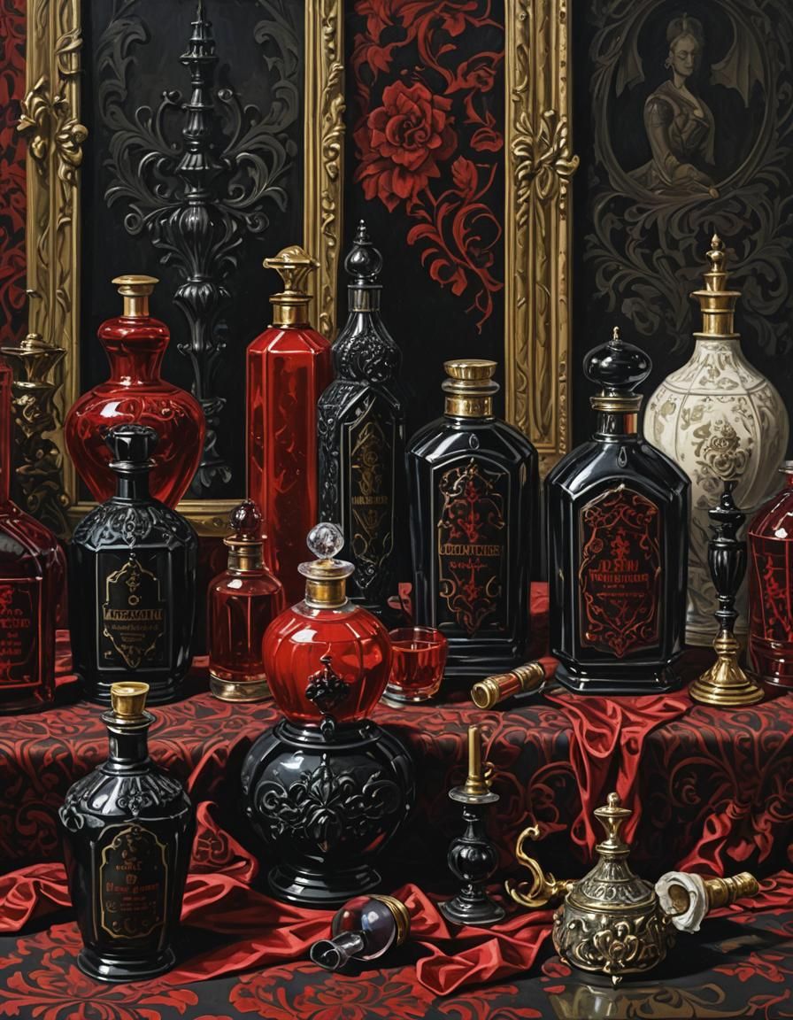 Gothic Vampiric Perfume Bottles in Oil Painting Style
