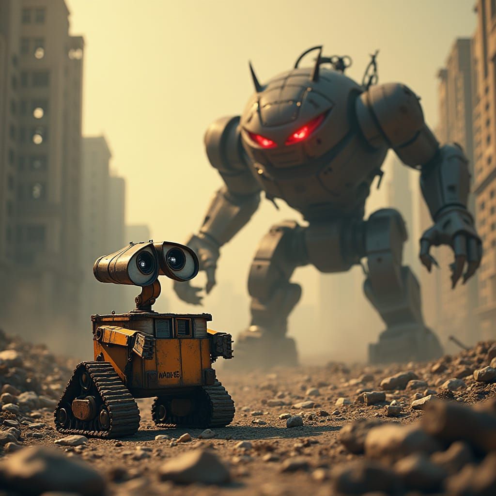 Wall-E Confronts Q in a Gritty Post-Apocalyptic Wasteland