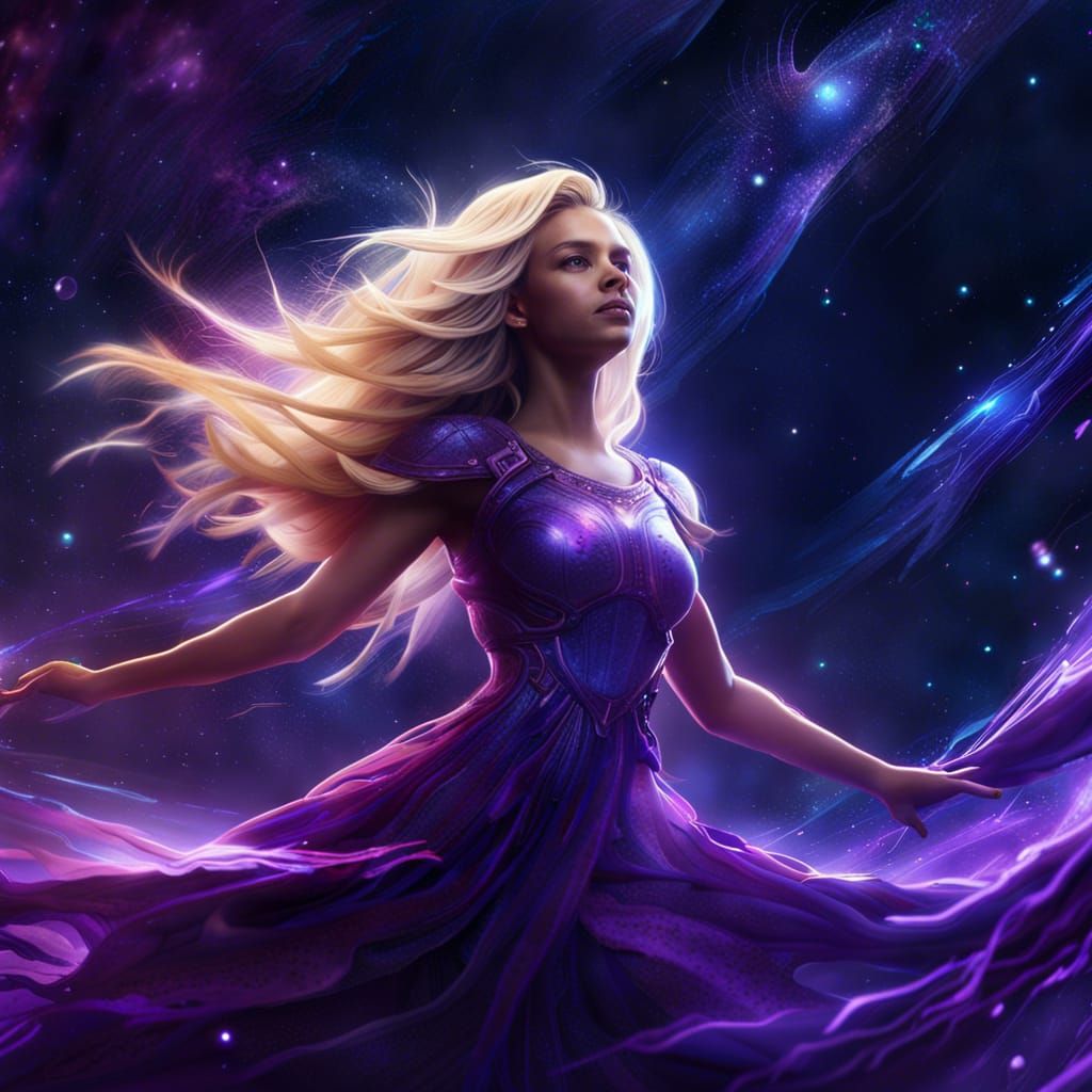 Bioluminescent Blonde Girl Soaring Through Space