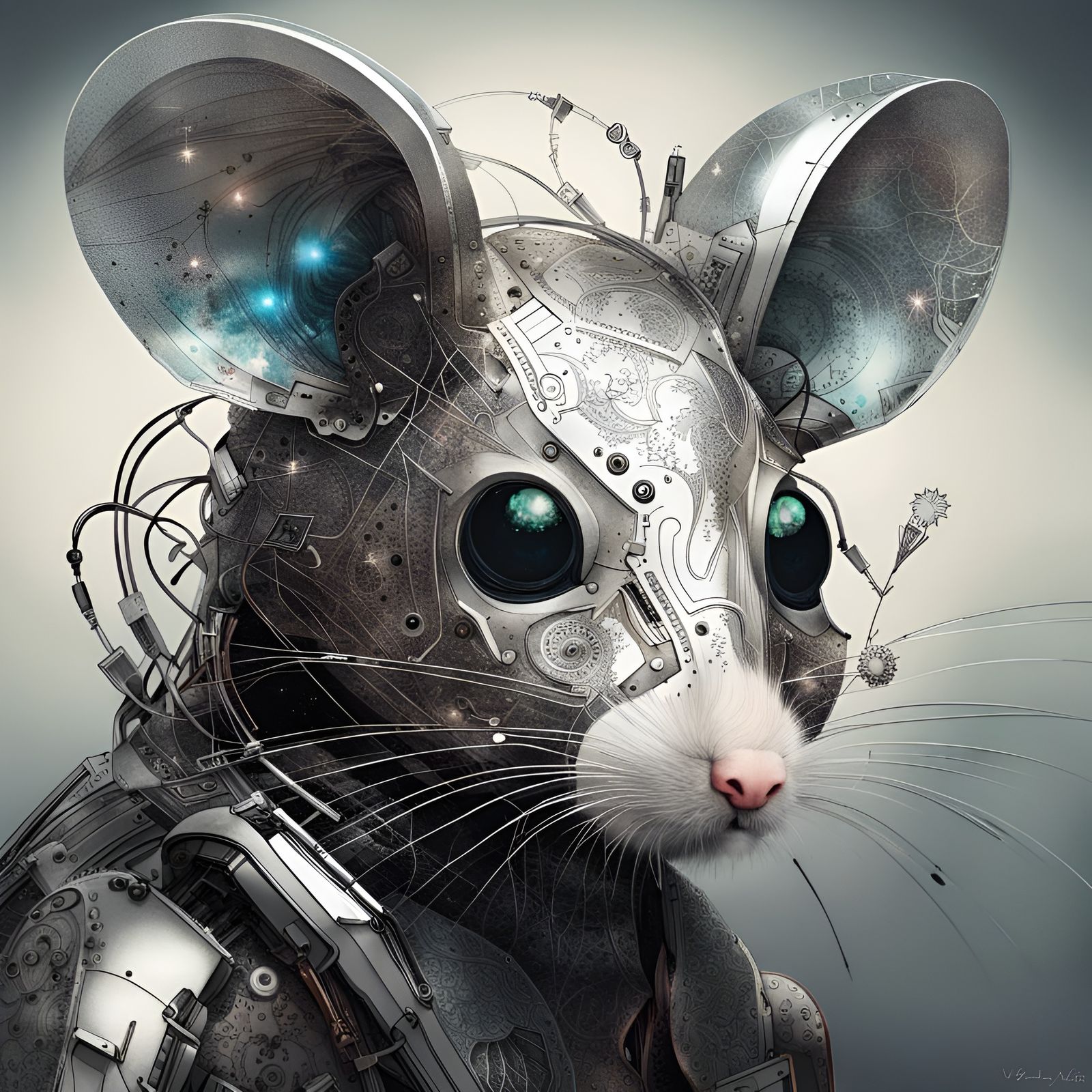 Cyberpunk Robotic Mouse Portrait with Silver Filigree