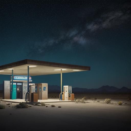 Abandoned Gas Station in Desert Night Sky