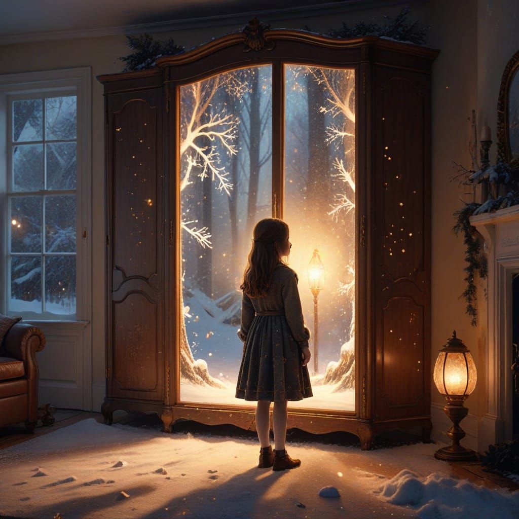 A Young Girl Stands Before a Glowing Wardrobe in a Snowy Lan...