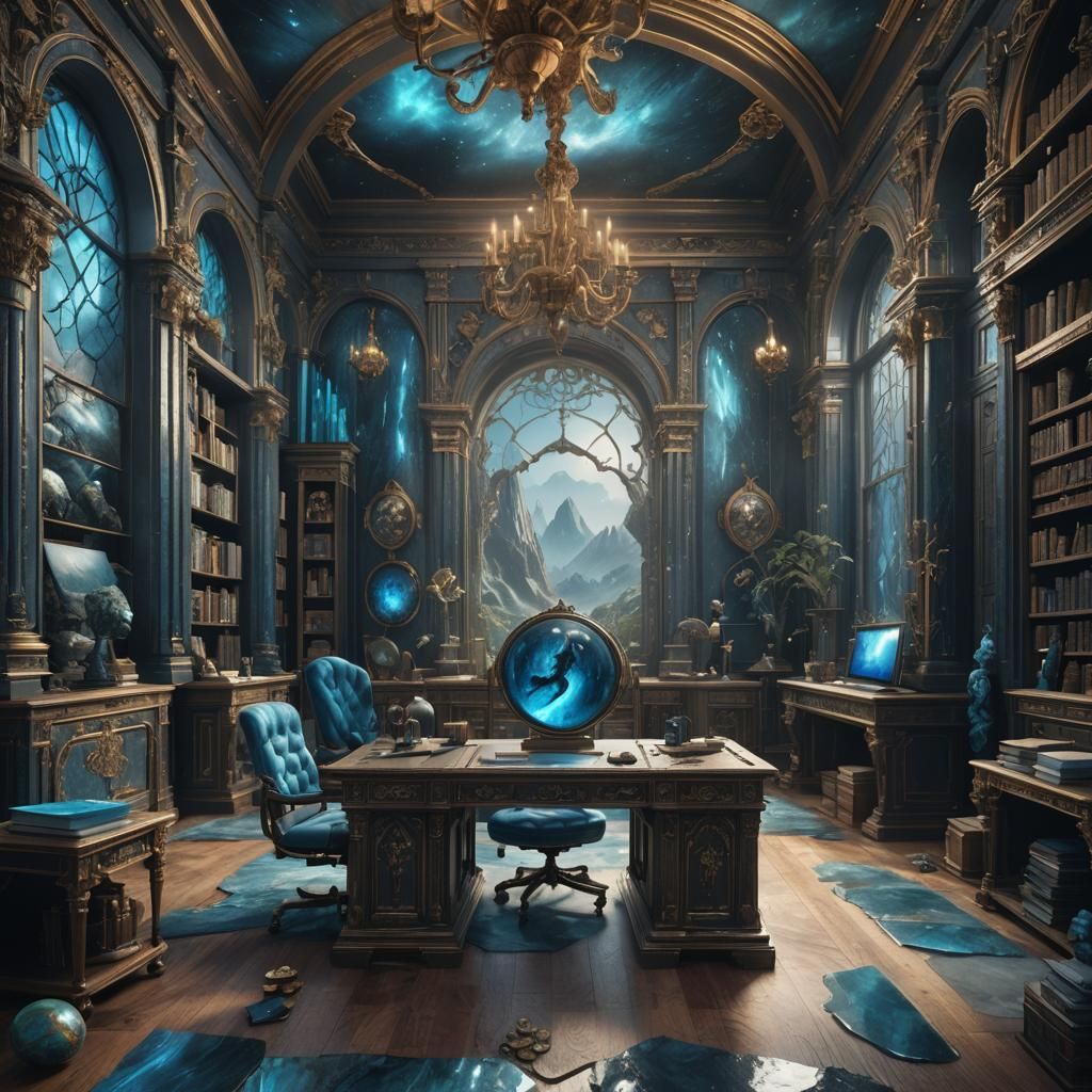 Blue Labradorite Study Room: Detailed Matte Painting