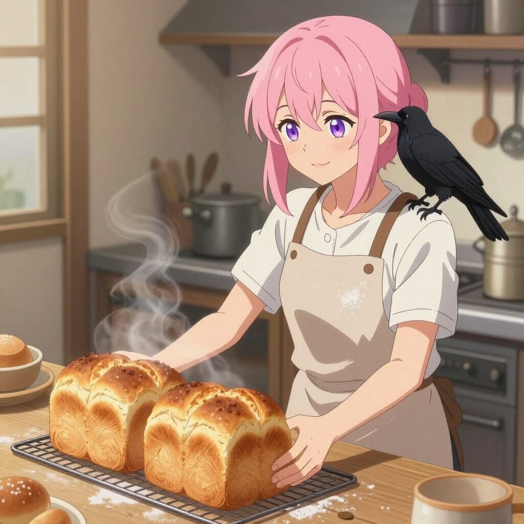 Anime Baker with Crow and Fresh Bread