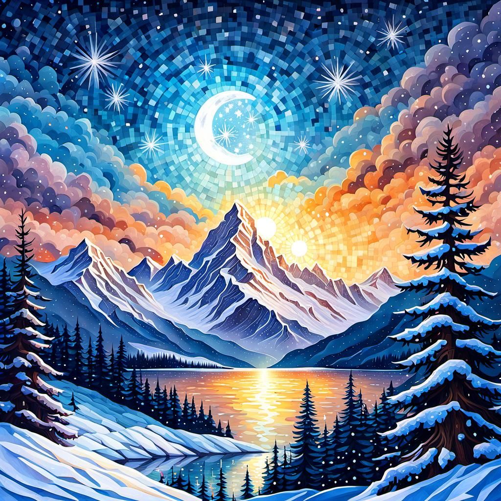 Winter Mountain Scene with Mosaic Sky
