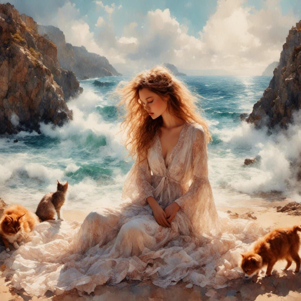 Watercolour image of beautiful woman and cats at beach.