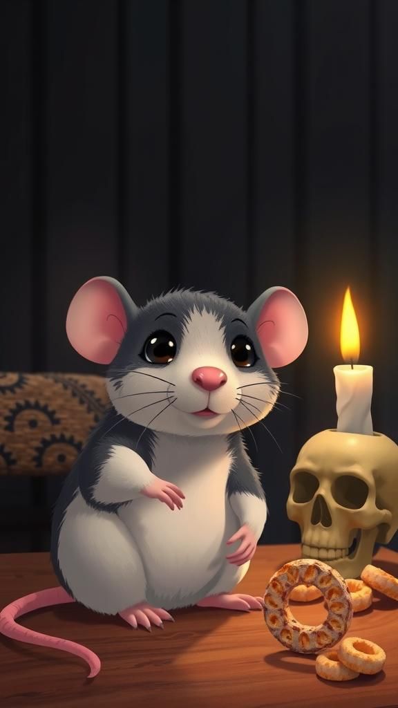 Cartoon Rat with Glowing Skull Candle