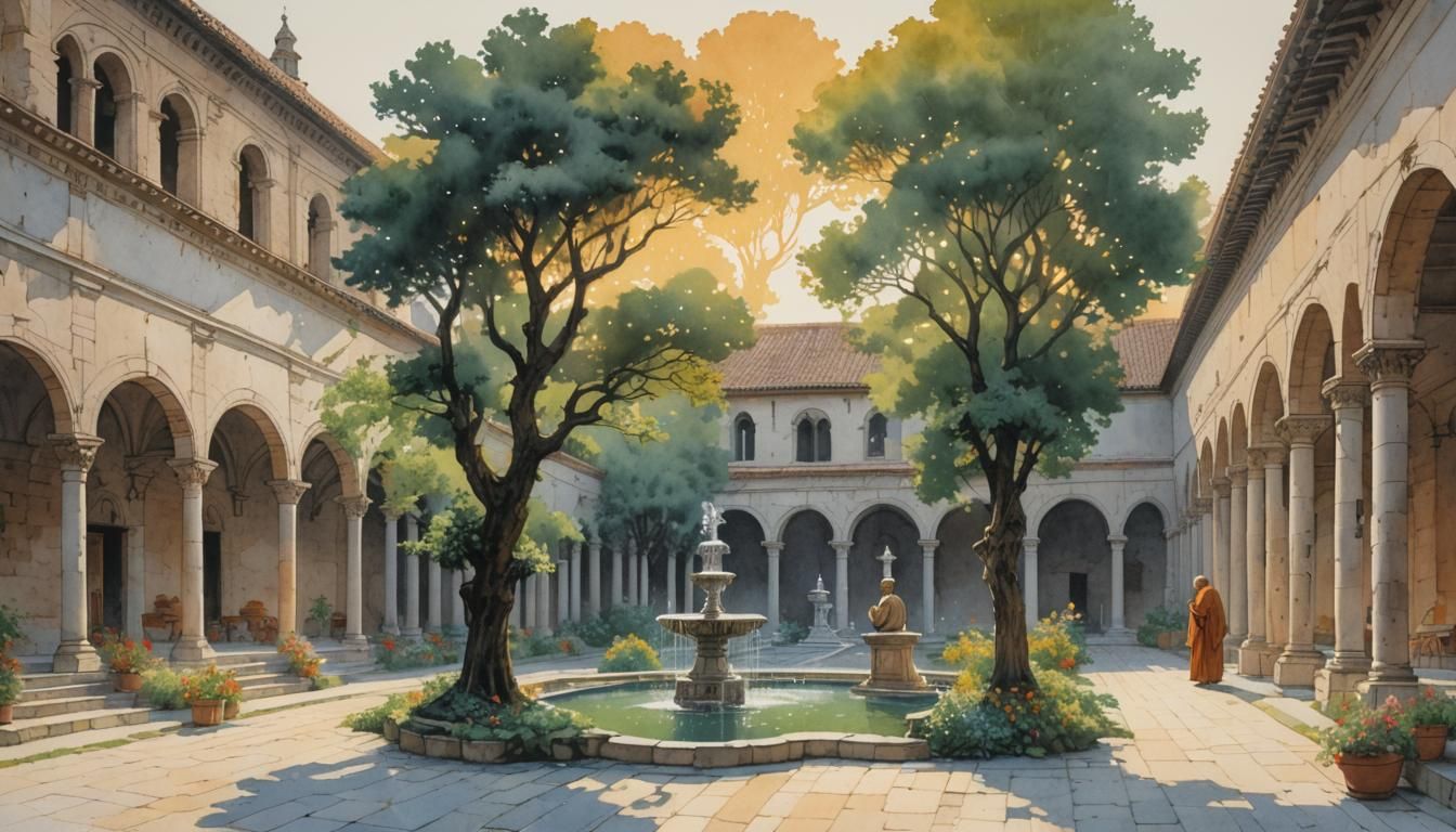 Monastery Courtyard Watercolor by Moebius