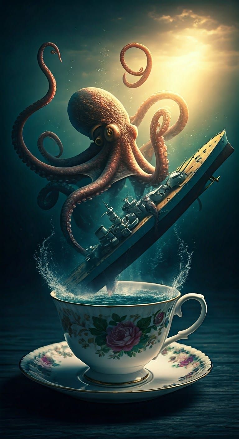 Octopus Battleship Teacup: Hyperrealistic Surrealism