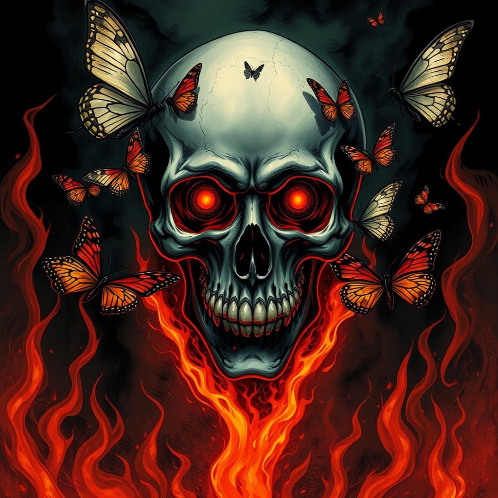 Skeletal Skull Amidst Fiery Flames with Fluttering Butterfli...