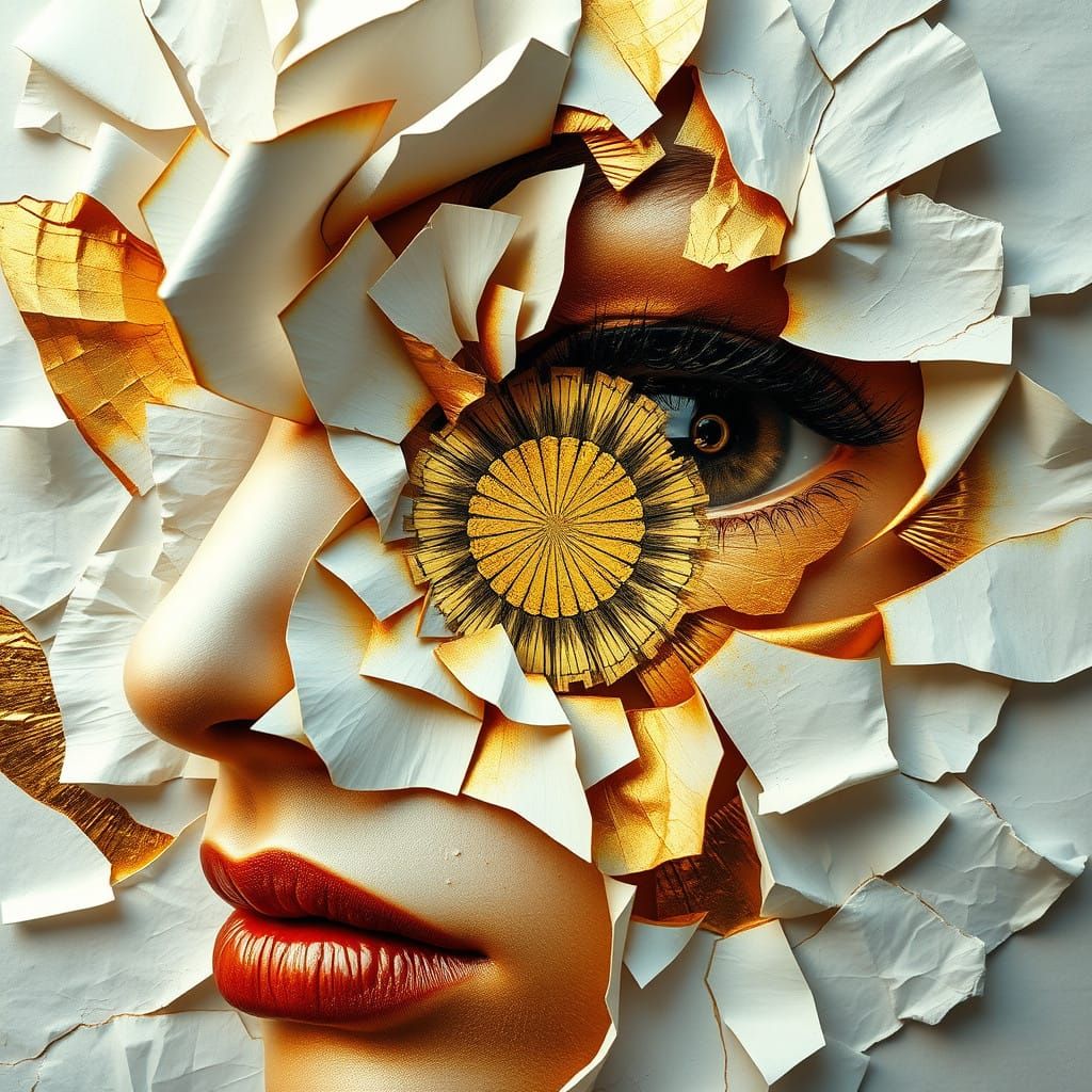 Golden Geometries: Fragmented Portrait in Metallic Hues
