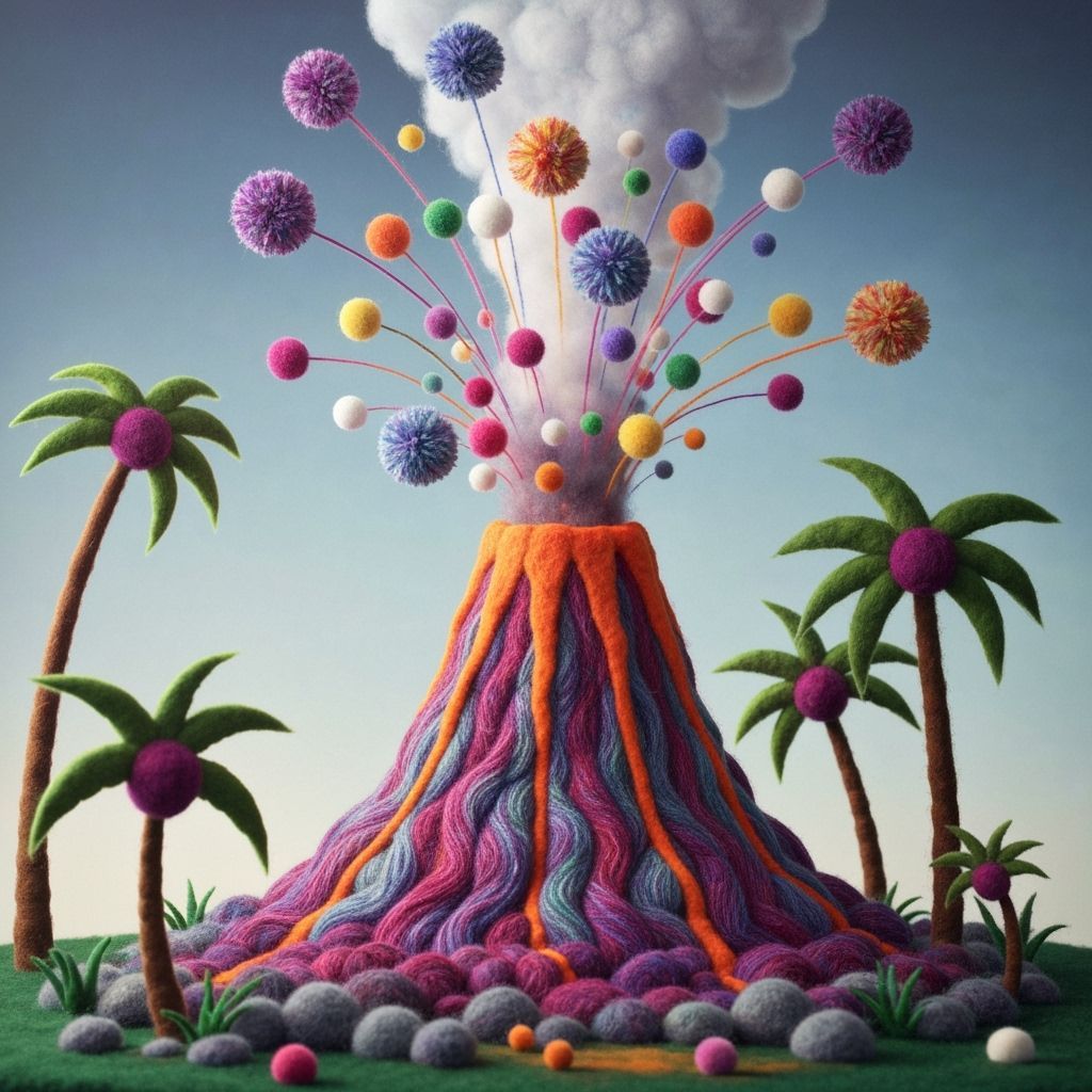 Pom Pom Volcano Eruption in Whimsical Style