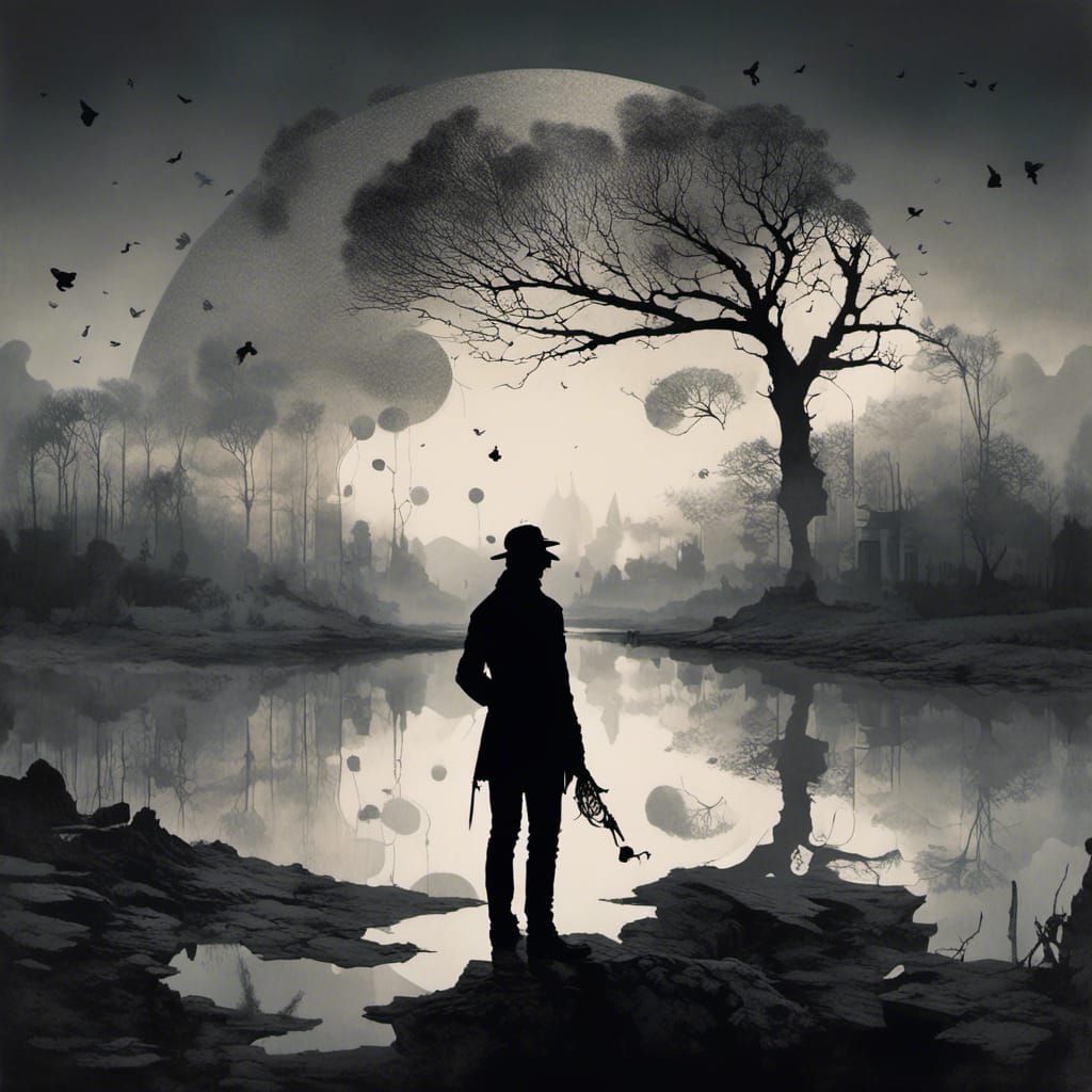 Surreal Silhouette Double Exposure in Grayscale