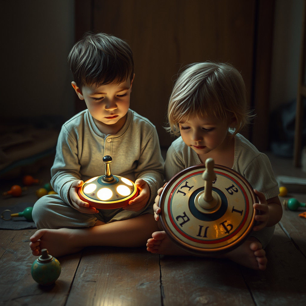 Children Playing with Spinning Tops in Cinematic Film Still