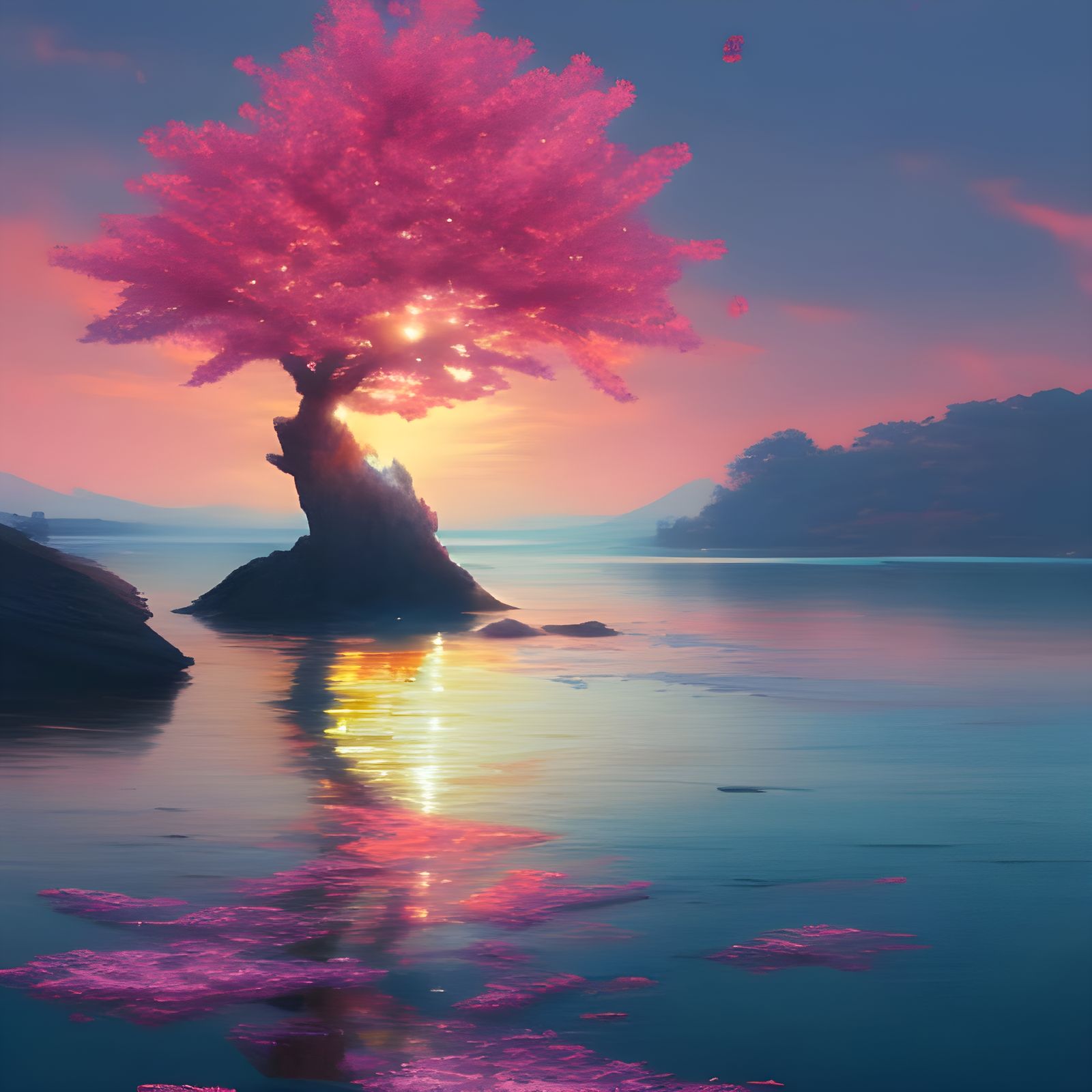 Vivid Sunset Sakura in Hyperrealistic Style