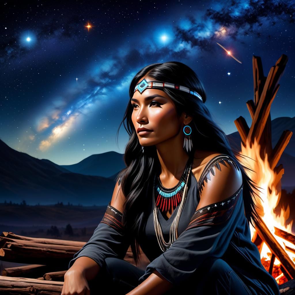 Fantasy Portrait of Native American Woman by Fire