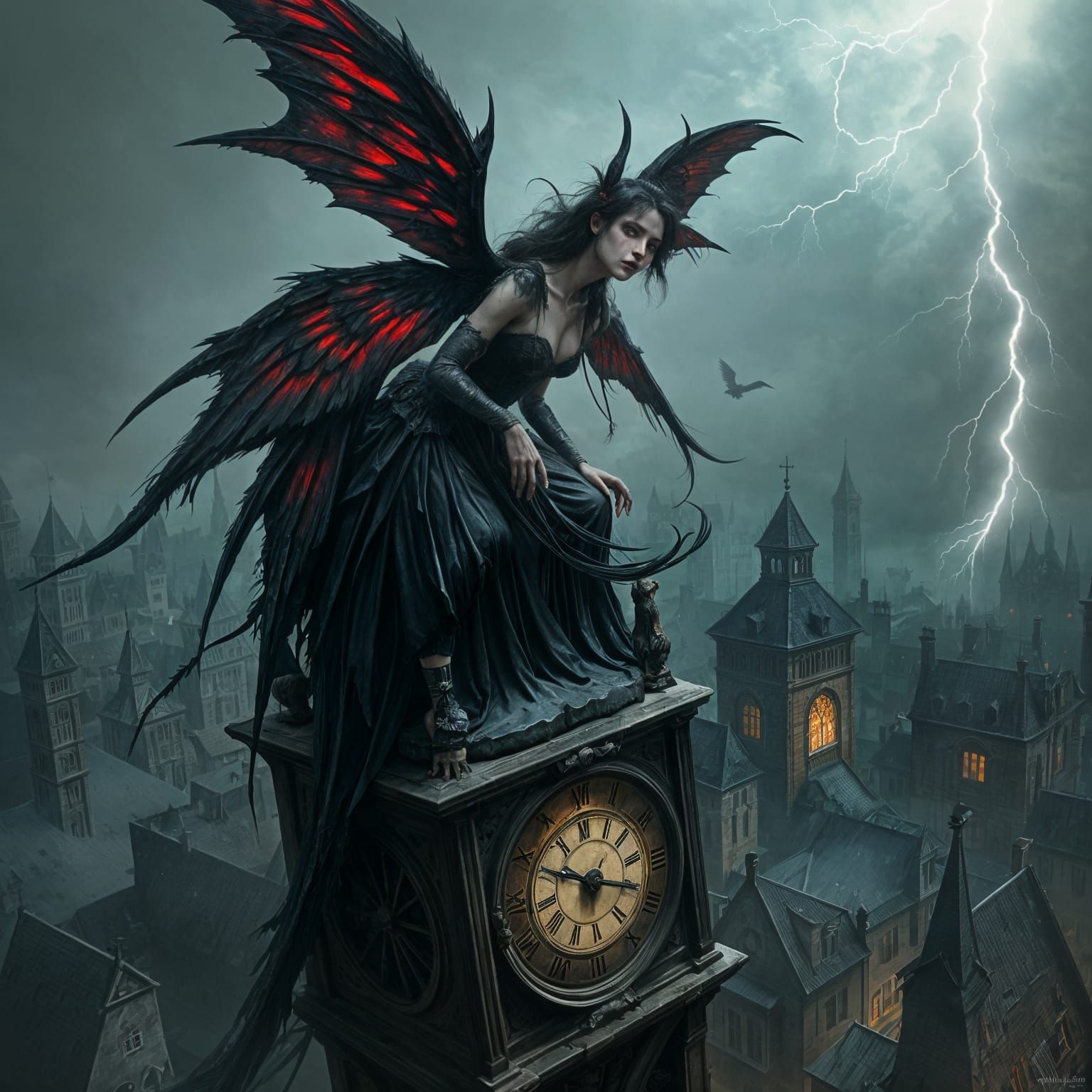 Gothic Fairy on Clock Tower in Dark Fantasy Style