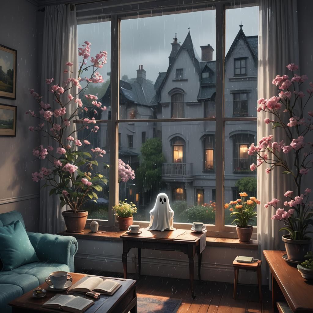 Ethereal Ghost Gazing Through Rainy Window