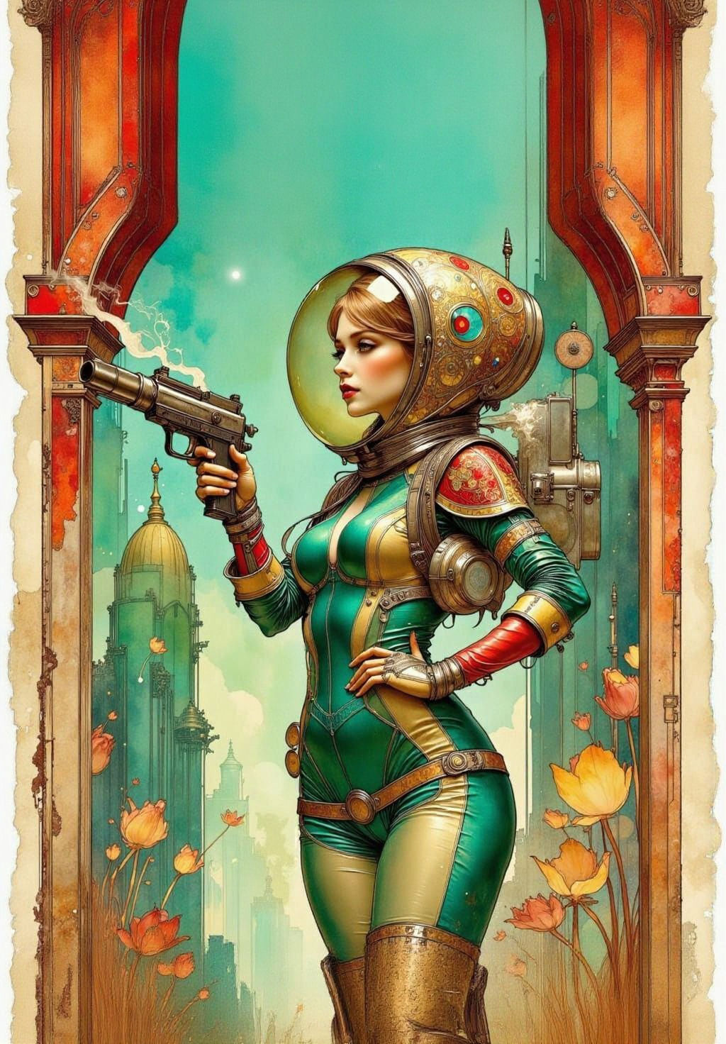 Art Nouveau Spacesuit Woman with Ray Gun