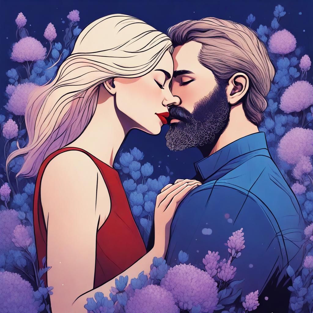 Blonde Woman and Bearded Man in Whimsical Floral Hug