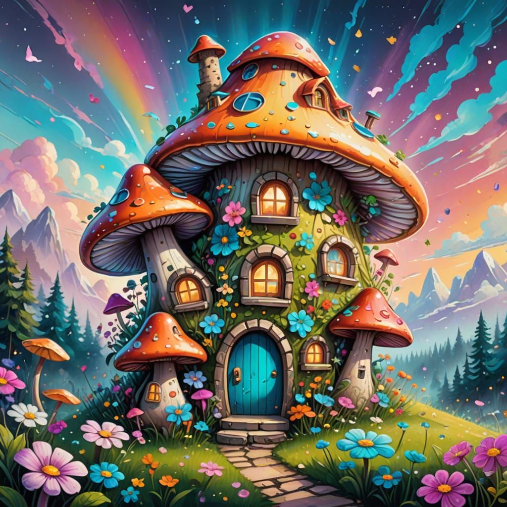 cute uplifting cartoon that makes you smile when you look at it, cartoon cute whimsical mushroom house