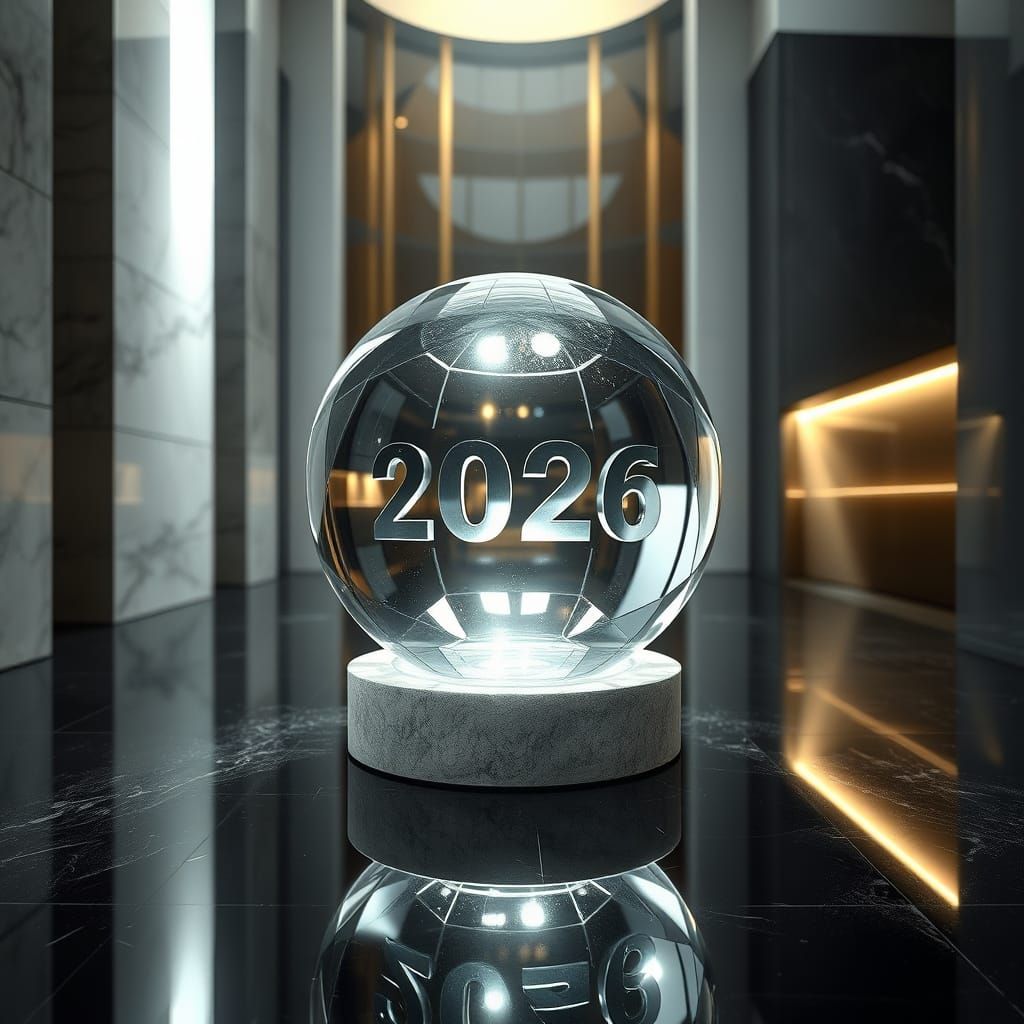 Crystal Sphere Reflecting 2026 in Cinematic Style