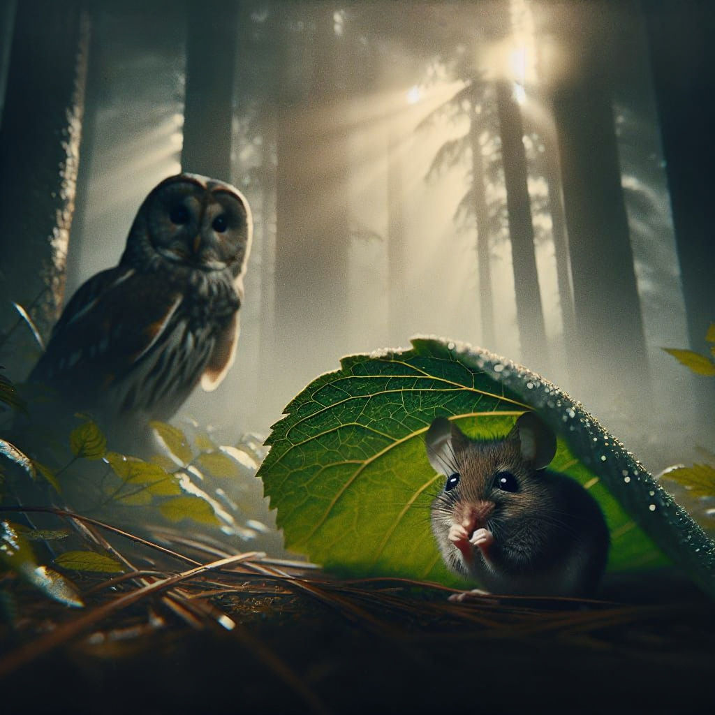 Timid Mouse Peeks Out in Misty Forest