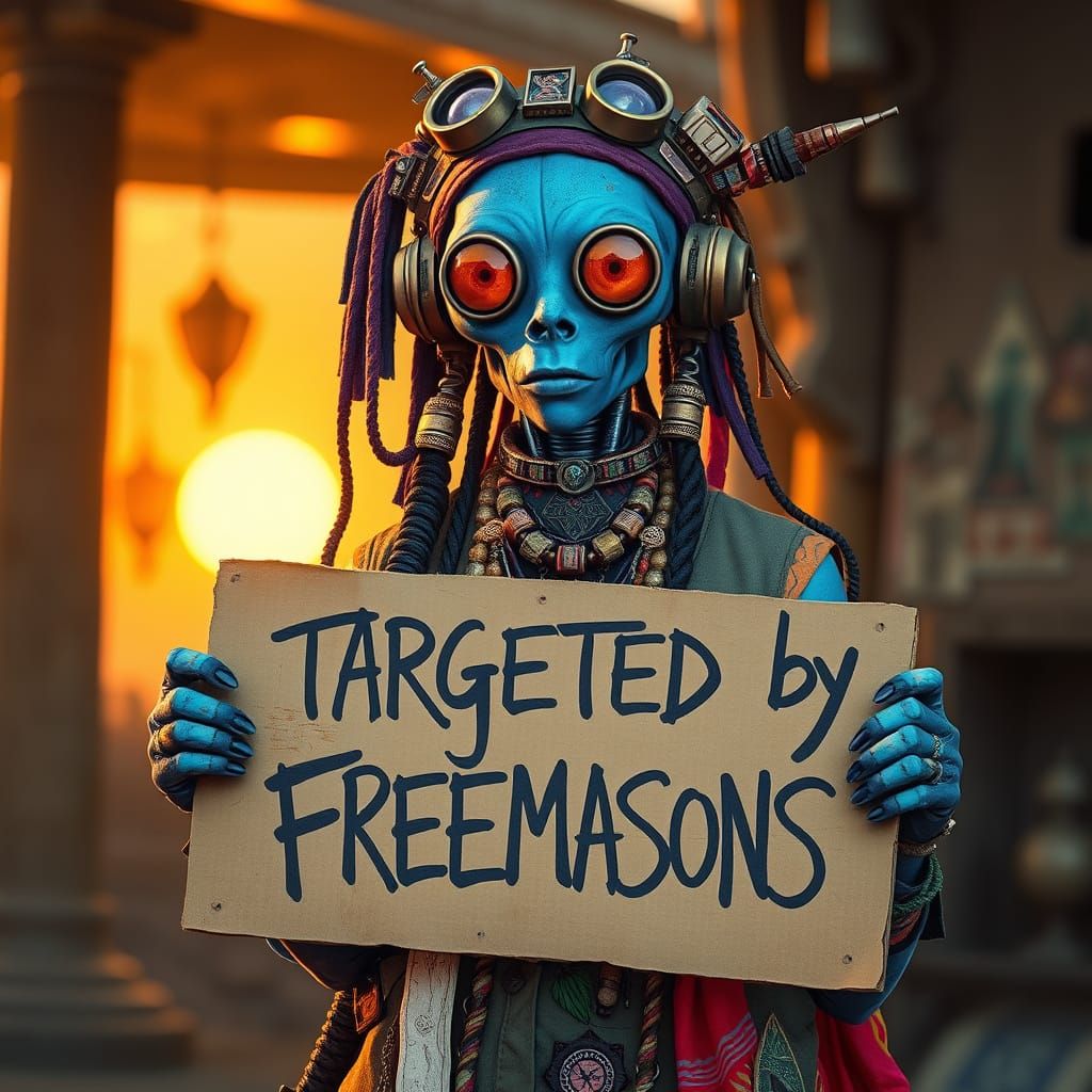 Mystical Cyborg Holds Warning Sign in Bohemian Landscape