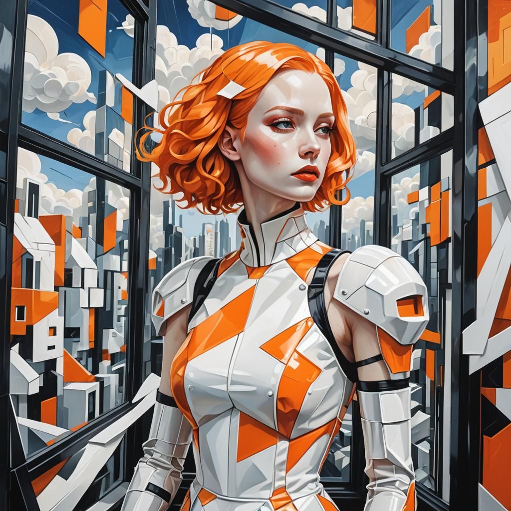 Cyberpunk Woman with Geometric Cloudscape