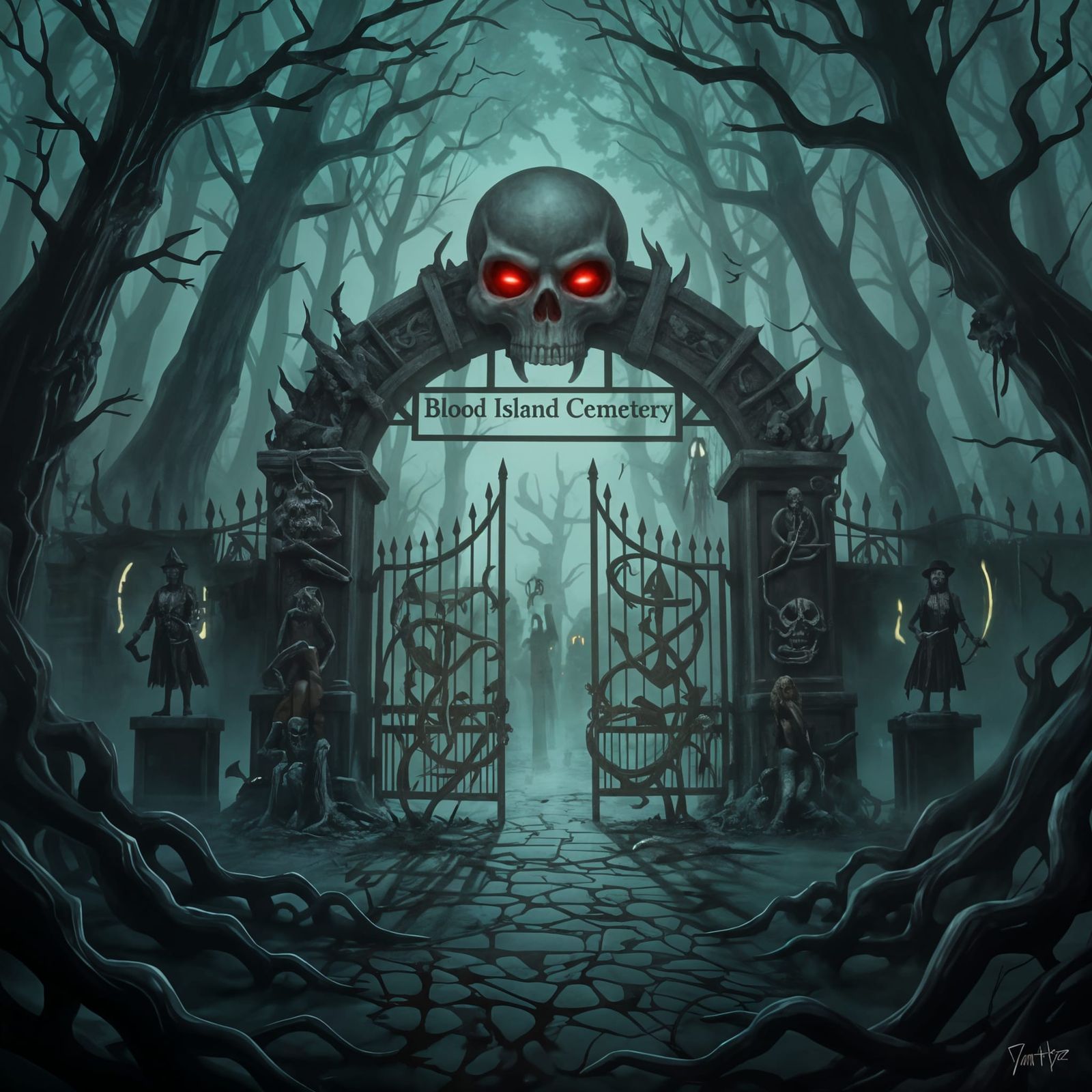 Sinister Monkey Island Theme Park Entrance on Foggy Evening