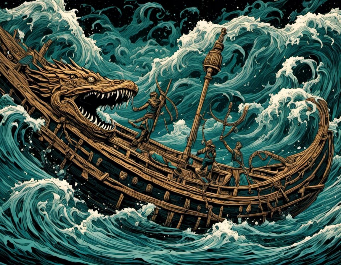 Underwater Leviathan as Ancient Woodcut Carving