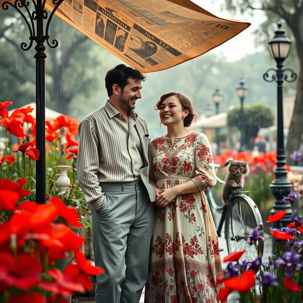Turkish Couple Laughing in Rainy Istanbul, Pre-Raphaelite St...