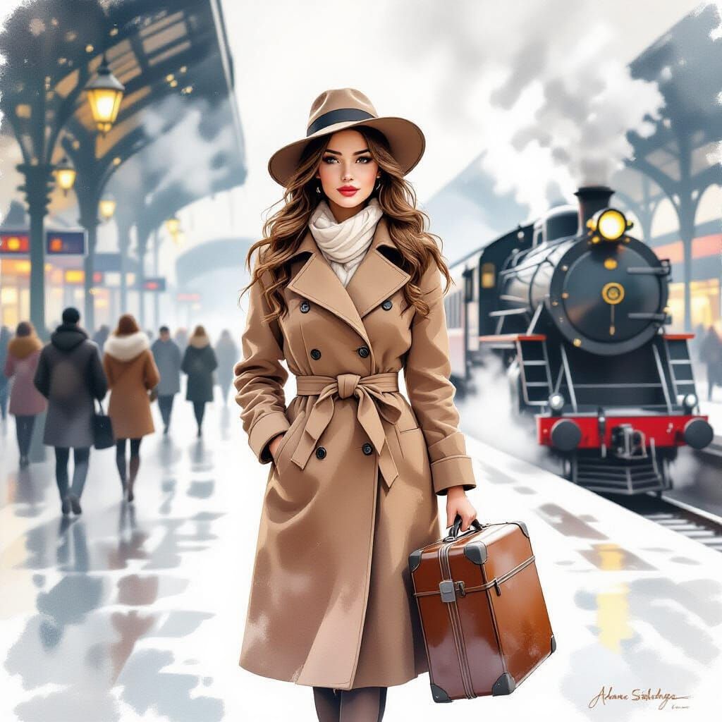 Brunette Woman at Train Station in Photorealistic Watercolor