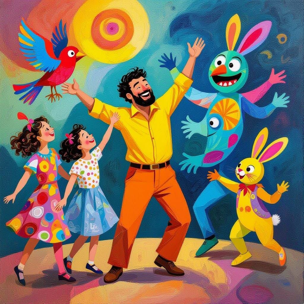 Joyful Family Watches Father Dance with Colorful Puppets in ...